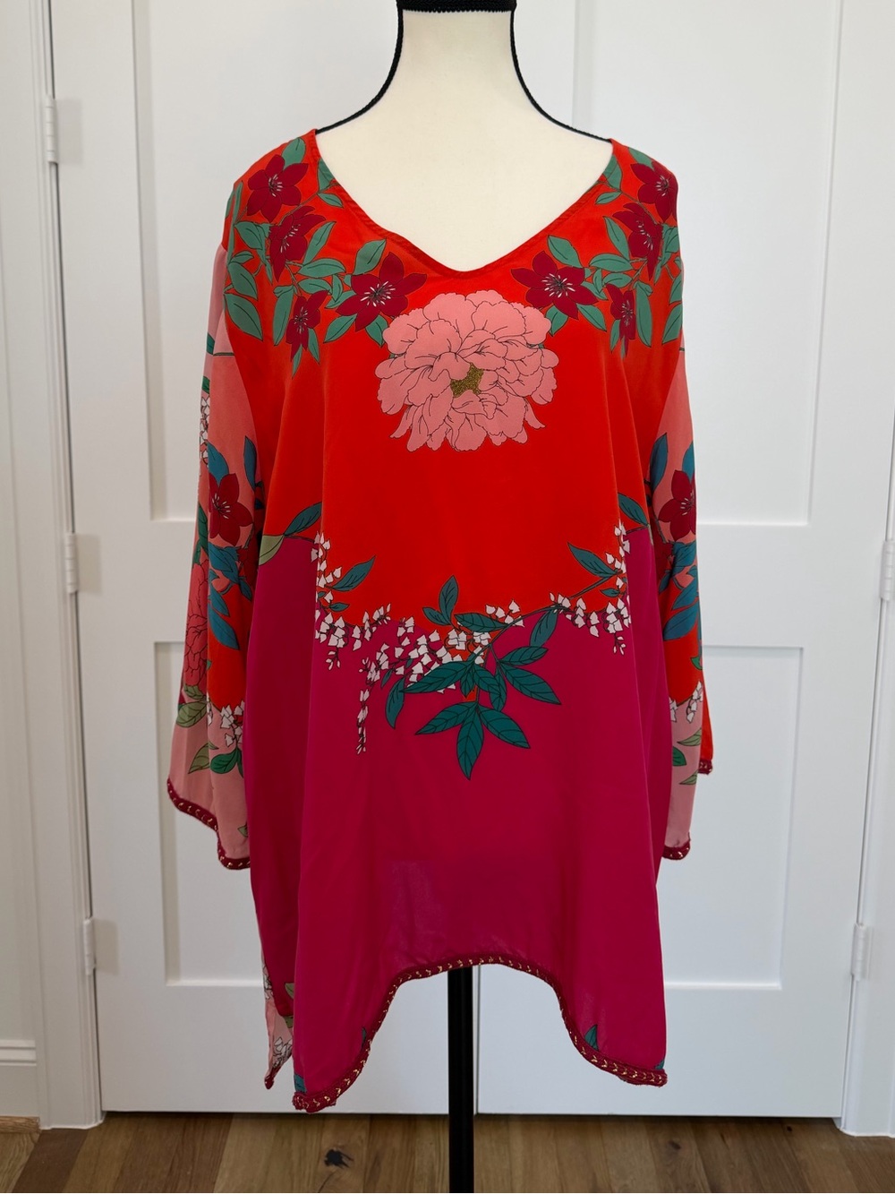 Johnny Was Silk Floral Kimono Tunic Blouse Red Multicolor Women’s XL